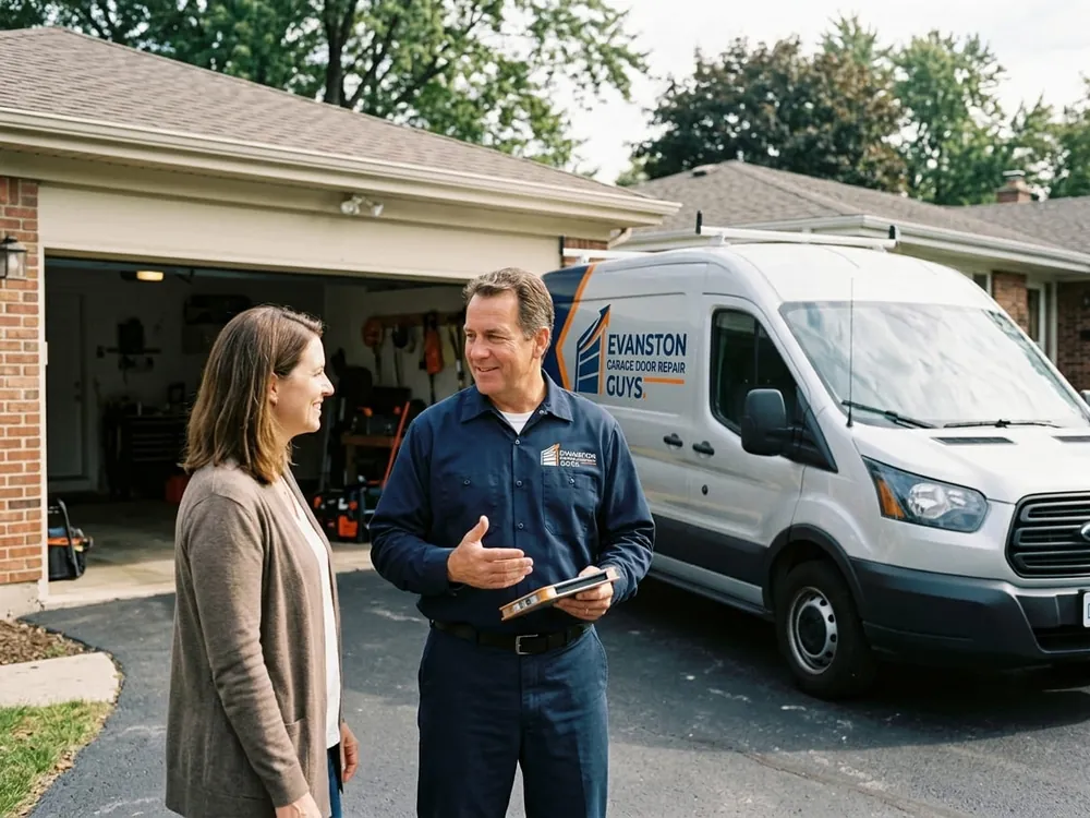 Local garage door technician in Evanston, Illinois Evanston Garage Door Repair Guys technician explaining a garage door fault to a homeowner in the driveway