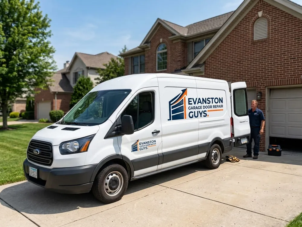 Garage door repair in Evanston, IL Evanston Garage Door Repair Guys van parked in a driveway while a technician works on an open garage door