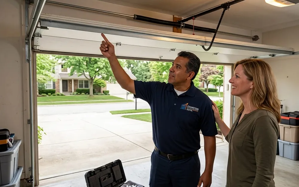 Technician measuring the headroom above a narrow garage door opening in an older Evanston garage Technician measuring the headroom above a narrow garage door opening in an older Evanston garage