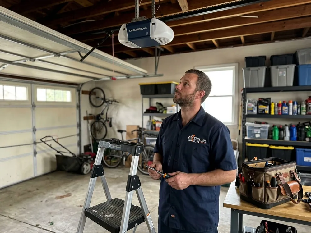 Winter garage door spring inspection in Evanston, IL Technician pointing out the torsion spring above an open garage door during a winter service call in Evanston