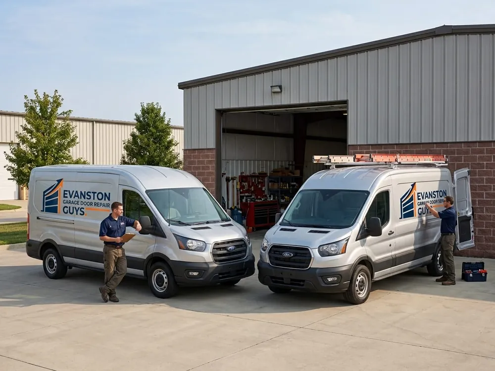 The Evanston Garage Door Repair Guys team The Evanston Garage Door Repair Guys team standing outside the Brown Avenue shop with the service vans